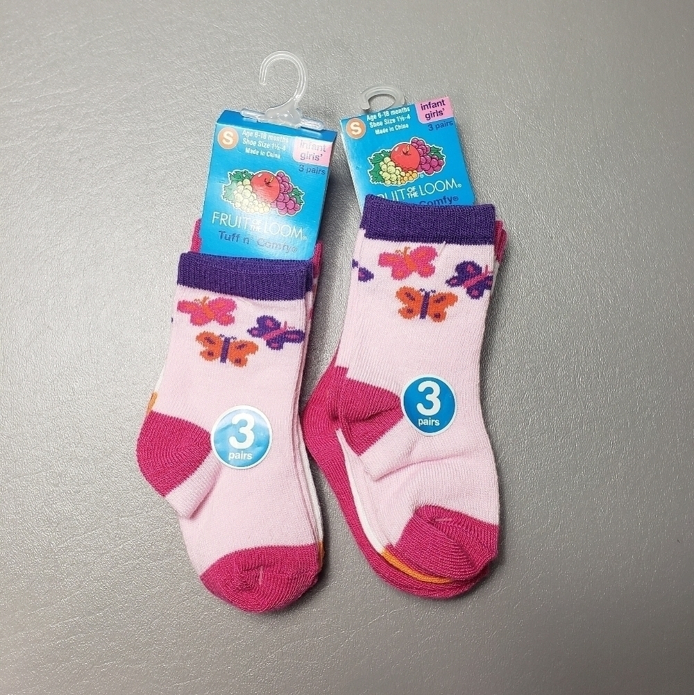 new fruit of the loom infant girls socks 2 packs of 3 pairs 6-18 months